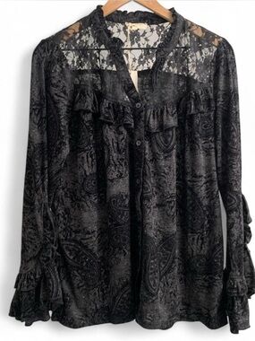 NWT Mystree Black Paisley Lace Yoke Ruffle sheer boho Victorian top size medium